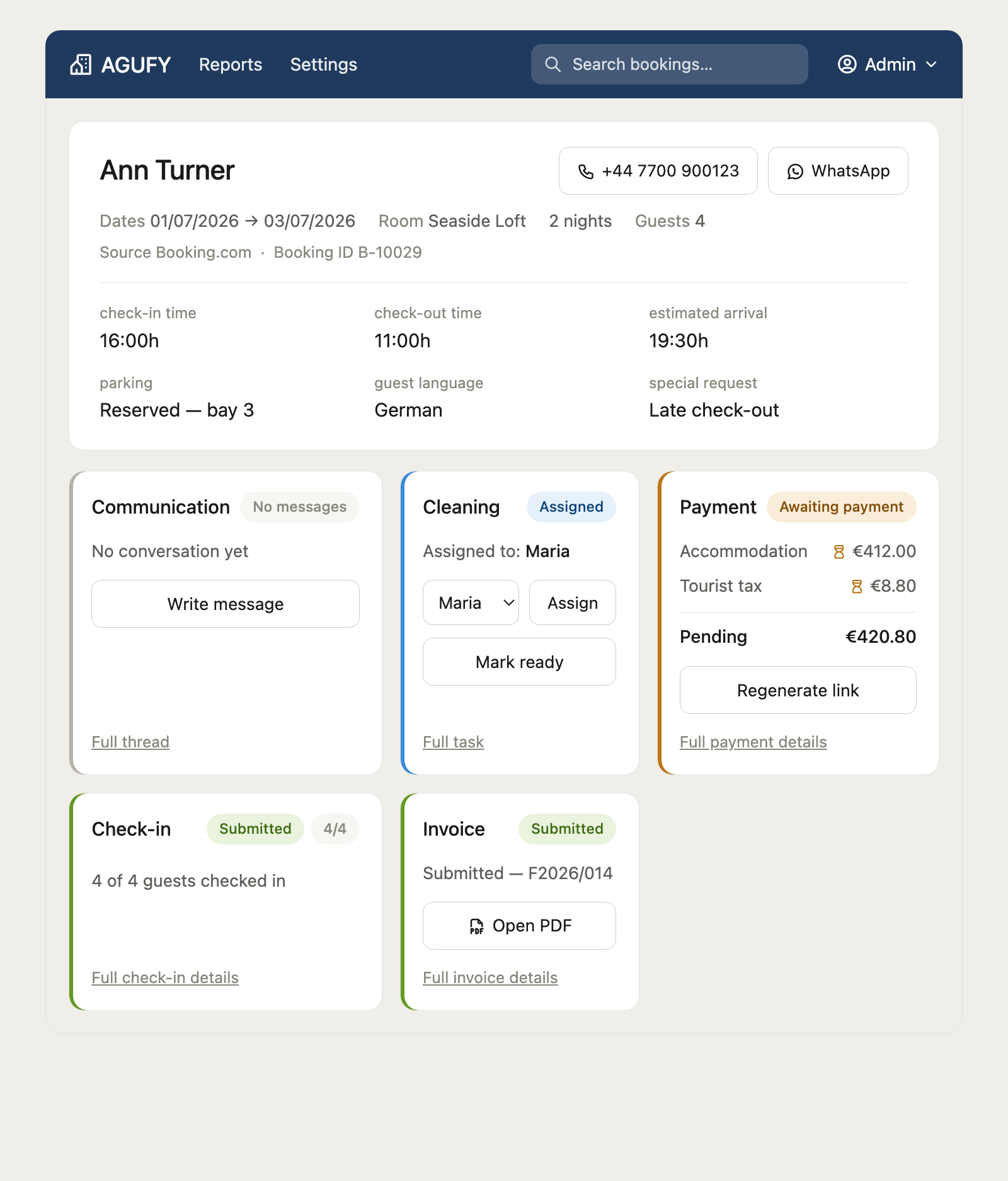 Agufy booking view with communication, cleaning, payment, check-in and invoice cards